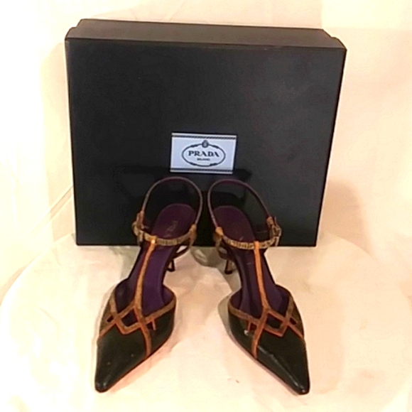 🔥 NWT Prada Black/Snake Skin Leather Kitten Heels - Picture 1 of 11